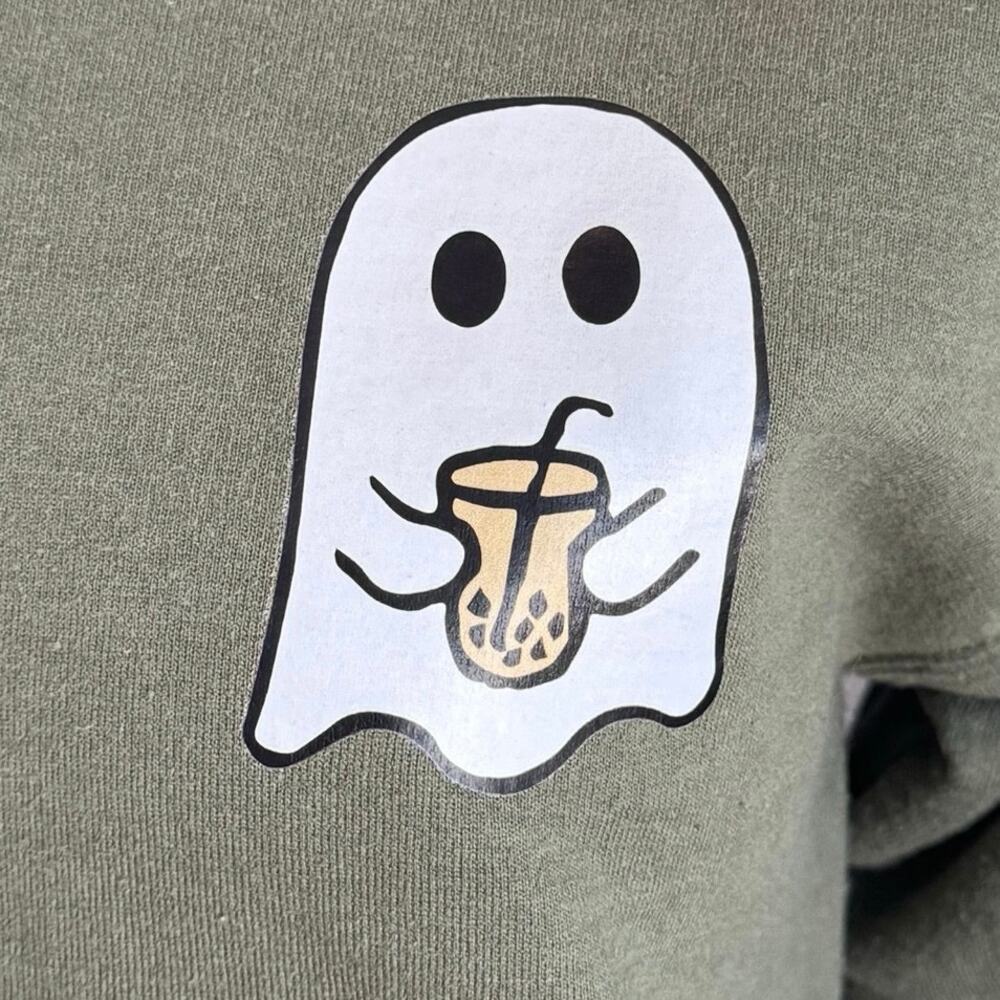 Spooky Season Boba Ghost Hoodie Olive Green Small Cute Coquette Fall Halloween - Picture 2 of 10